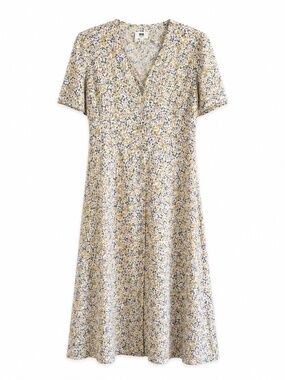 Uniqlo Mustard Yellow & Navy Floral V-Neck Midi Dress – Size Medium EUC